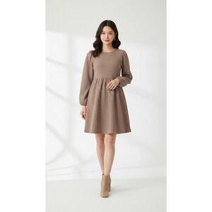 Women Dress Sampeel Textured Puff Sleeve Fit and Flare  Brown Long‎ Sleeve Sz S